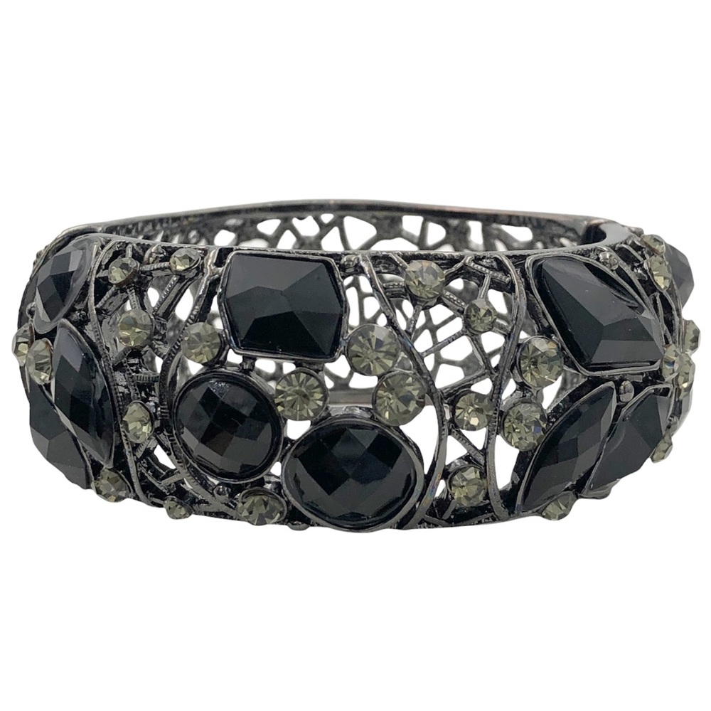 Black & Grey Gem & Rhinestone Filigree Statement Hinged Bangle Bracelet